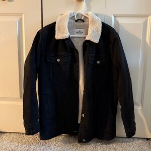 Black Jean Jacket with Cozy Sherpa Collar and Relaxed Fit